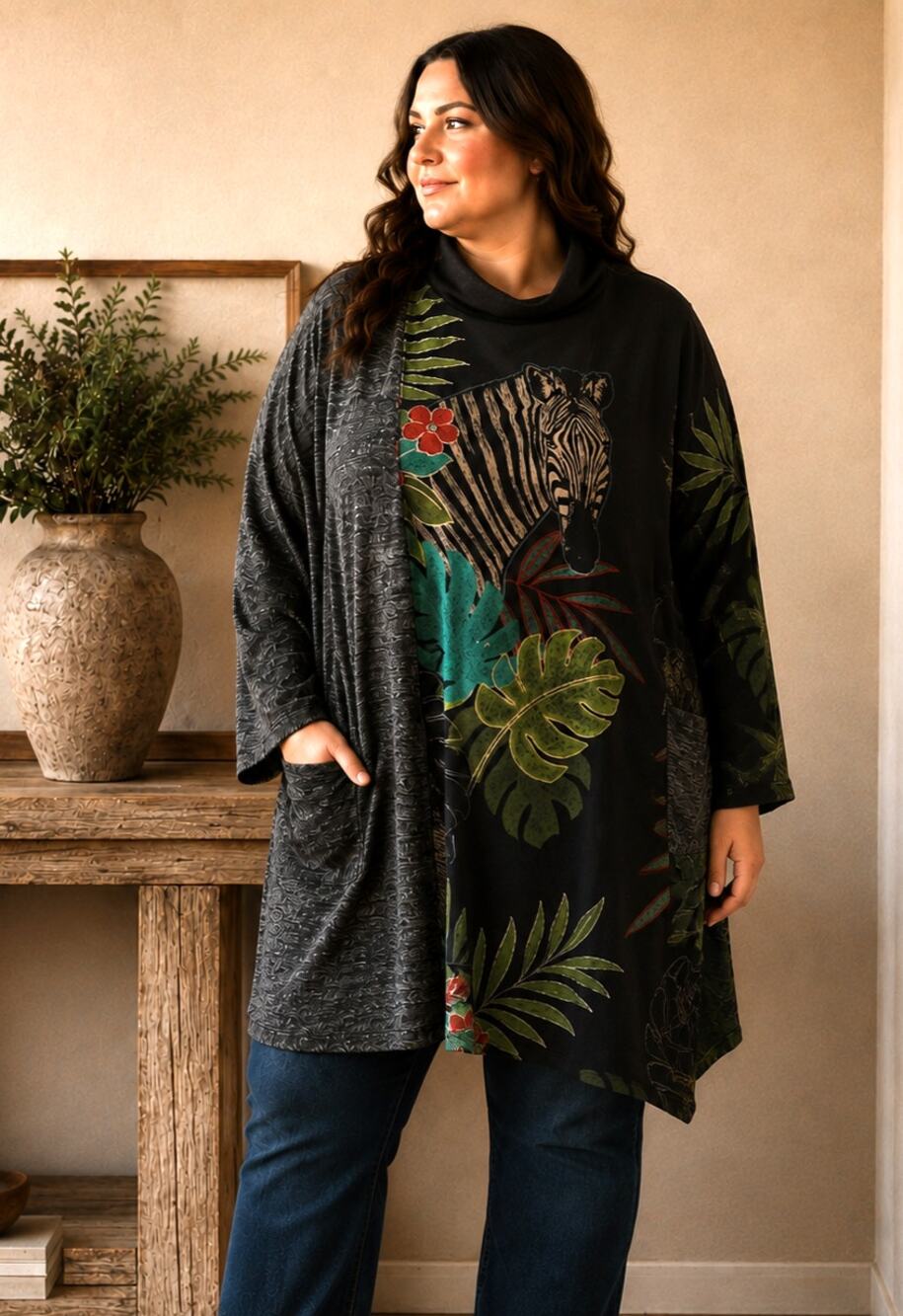 Jess & Jane Tuscany Zebra Print Tunic Cardigan Top Plus Size 3X Made in USA